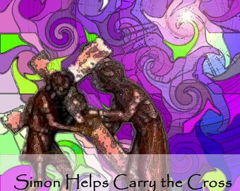 May include: A colourful stained glass style illustration of two figures carrying a cross. The background is a swirl of purple, green and blue colours. The text "Simon Helps Carry the Cross" is at the bottom of the image.