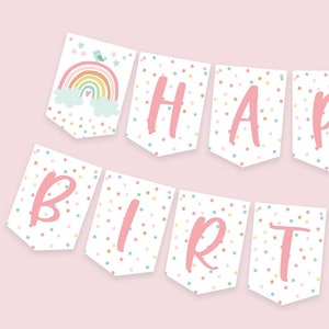 Printable Rainbow Happy Birthday Banner Boho Modern Rainbow Girl Cute Birthday Party Decor Flag Banner Bunting Instand Download PDF  #009