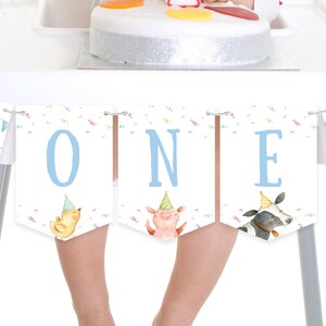 Blue Farm Animals Highchair Banner Printable Farmyard 1st Birthday Party Banner Boy Barnyard First Birthday One Banner Bunting PDF #005