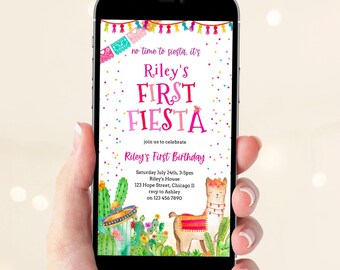 First Fiesta 1st Birthday Evite Template Editable Mexican Llama Cactus Succulent Phone Text Digital Invitation Instant Download Corjl 020