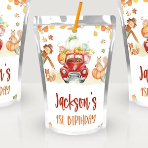 Bearbeitbare Herbst Kürbisse Capri Sun Etiketten Vorlage Druckbare Kürbis LKW Saft Beutel Junge Rot Geburtstag Party Dekor Digitaler Download Corjl 010