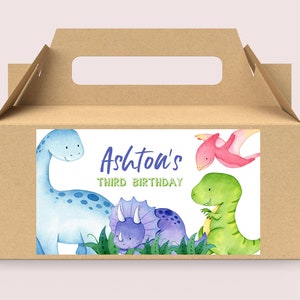 Modelo de etiqueta para caixa de lembrancinhas de dinossauro editável para impressão, dinossauros jurássicos, etiqueta para caixa de presente para festa de aniversário de menino, download Corjl #011