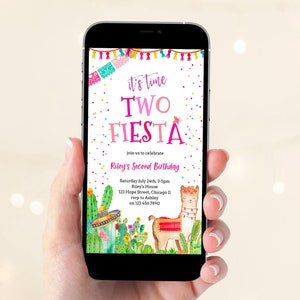 Time Two Fiesta Girl 2. Geburtstag Evite Vorlage, Bearbeitbarer Mexikanischer Lama Kaktus Telefontext Digitale Einladung Sofortiger Download Corjl 020