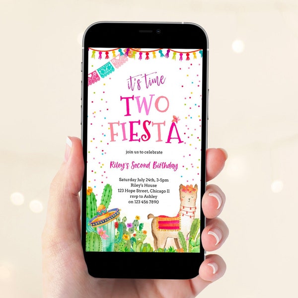 Time Two Fiesta Girl 2nd Birthday Evite Template, Editable Mexican Llama Cactus Phone Text Digital Invitation Instant Download Corjl 020