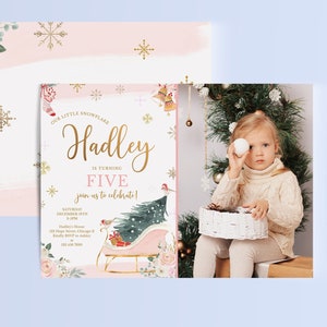 Winter Fifth Birthday Photo Invitation Template, Printable Girl 5th Our Little Snowflake Pink Sleigh Christmas Invite, Corjl 012