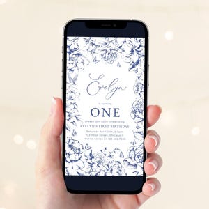 Blue Toile de Jouy 1st Birthday Party Phone Evite Invitation Template, Editable Chic Vintage Floral Digital Text Invite Instant Download 047