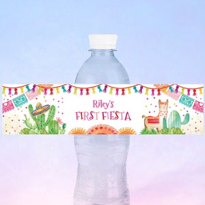 Fiesta Water Bottle Labels, Printable First Fiesta Mexican Llama Cactus Girl Birthday Party Water Bottle Label Wraps Template Corjl 020