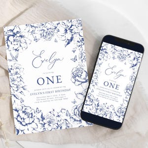 Blue 1st Birthday Party Vintage Floral Evite and Printable Invitation Template, Editable Toile de Jouy Phone Invite Instant Download 047