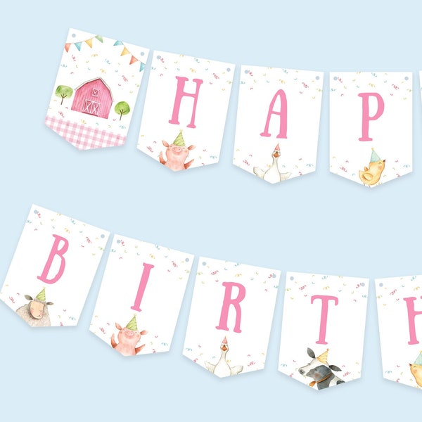 Happy Birthday Banner Pink Farm Animals Birthday Bunting Printable Girl Farmyard Animals Birthday Party Decorations Barnyard Theme PDF 005