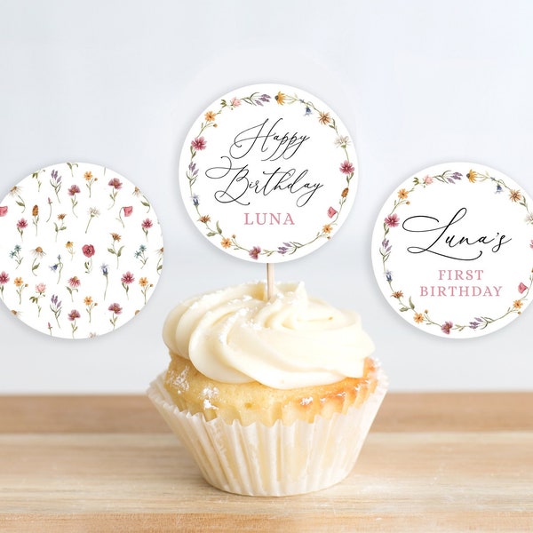 Wildflower Cupcake Toppers Templates, Printable Our Little Wildflower Floral Flowers Cottagecore Girl Birthday Cupcake Topper, Corjl 018