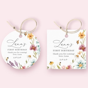Wildblumen Favor Tag Vorlage, bedruckbare Blumen Runde und Quadrat Mädchen 1.Geburtstagsparty Danke Geschenkanhänger, Sofort Download Corjl 018
