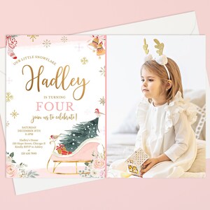 Winter Fourth Birthday Photo Invitation Template, Printable Girl 4th Birthday Our Little Snowflake Pink Sleigh Christmas Invite, Corjl 012