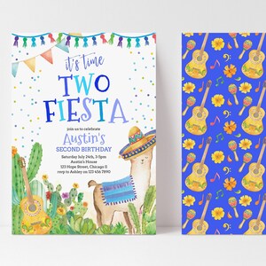 Time Two Fiesta Second Birthday Party Invitation Template, Printable Mexican Cactus Llama 2nd Birthday Blue Invite for Boy, Corjl 020