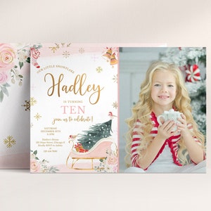 Winter Tenth Birthday Photo Invitation Template, Printable Girl 10th Birthday Our Little Snowflake Pink Sleigh Christmas Invite, Corjl 012