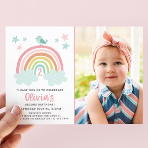 Editable Boho Rainbow Second Birthday Photo Invitation Printable Girl 2nd Birthday Party Pastel Invites with Picture Corjl Template #009