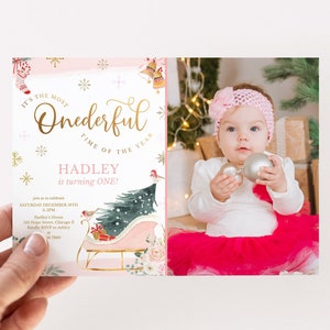 Most Onederful Time of the Year First Birthday Photo Invitation Template, Printable Pink Sleigh Christmas Holiday 1st Girl Birthday  012