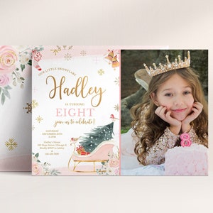 Winter Eighth Birthday Photo Invitation Template, Printable Girl 8th Birthday Our Little Snowflake Pink Sleigh Christmas Invite, Corjl 012