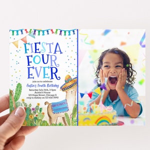 Fiesta Boy Invitation Template Printable Fiesta Four Ever 4th Birthday Party Blue Mexican Cactus Succulent Llama Photo Invitation Corjl 020