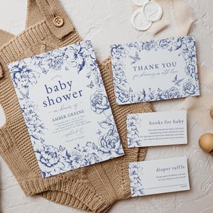 Modelos de conjunto de convites para chá de bebê Blue Toile de Jouy, elegante para impressão Chinoiserie Baby Sprinkle Suíte de convite digital Download Corjl 047