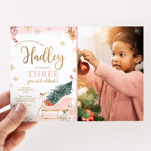 Winter Third Birthday Photo Invitation Template, Printable Girl 3rd Birthday Our Little Snowflake Pink Sleigh Christmas Invite, Corjl 012