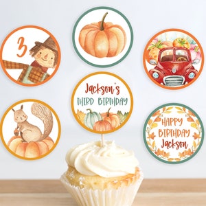 Editable Fall Cupcake Toppers Template Printable Pumpkin Truck Birthday Cake Topper Boy Red Orange Party Decor Digital Download Corjl  #010