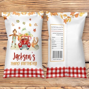 Editable Fall Chip Bags Template Printable Boy Birthday Party Decor Pumpkin Truck Chip Bag Wrapper Labels Instant Download Corjl #010