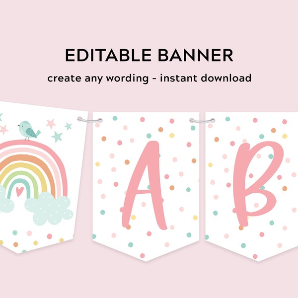 Editable Rainbow Birthday Banner Template Printable Custom Spell Any Word Modern Boho Rainbow Girl Flag Bunting Instant Download Corjl #009