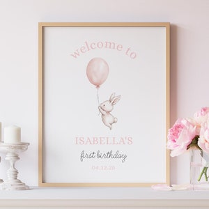 Modello modificabile per cartello di benvenuto per festa del primo compleanno di una coniglietta, poster stampabile 16x20 con decorazione per il primo compleanno di un coniglio rosa, download immediato 046