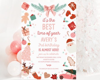 Pink Christmas Birthday Party Invite Printable Girl Winter Holiday December Birthday Party Invitation Instant Download Corjl Template 030