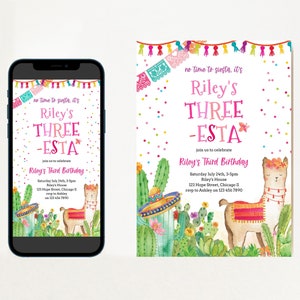 Three Esta Fiesta 3rd Birthday Invitation and Evite Template Mexican Llama Cactus Birthday Party Invite for Girl Instant Download Corjl 020