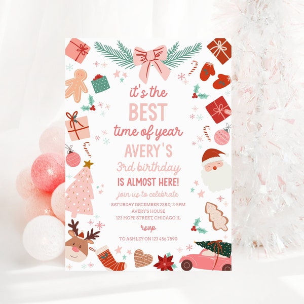 Pink Christmas Birthday Party Invite Printable Girl Winter Holiday December Birthday Party Invitation Instant Download Corjl Template 030