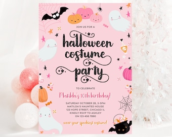 Halloween Costume Party Invitation Printable Pink Halloween Spooktacular Dress Up Kids Costume Birthday Party Invitation Corjl Template 021