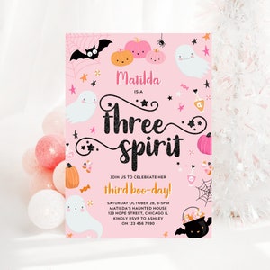 Three Spirit Halloween 3rd Birthday Party Invitation Cute Spooky Ghost Pumpkins Pink Girl Halloween Third Birthday Invite Corjl Template 021