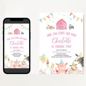 Pink Barnyard Girl 2nd Birthday Invitation and Evite Template Printable Oink Baa Moo Farm Animals Second Birthday Text Invite Corjl 005