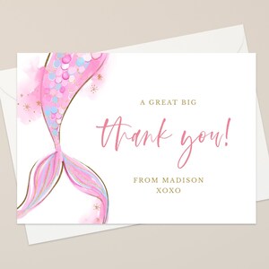 Mermaid Thank You Card Template, Printable Under the Sea Tent Thank You Card, Pink Girl Birthday Party Thank You Cards #001