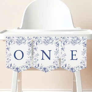 Blue Toile de Jouy ONE 1º aniversário modelo de banner para cadeira alta, para impressão, guirlanda de bandeiras para cadeira alta para festa de primeiro aniversário, download instantâneo 047