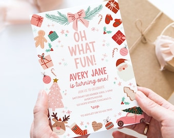 Christmas 1st Birthday Invitation Oh What Fun Christmas Birthday Party Invite Girl Pink Winter First Birthday Invitation Corjl Template 030