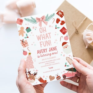Christmas 1st Birthday Invitation Oh What Fun Christmas Birthday Party Invite Girl Pink Winter First Birthday Invitation Corjl Template 030
