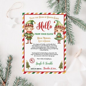 Carta de llegada de elfos editable para imprimir Carta de llegada de elfos por primera vez para niños y niñas Carta de saludo de elfos Carta de elfos navideños Plantilla Corjl 026