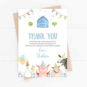 Editable Farm Animals Thank You Card Template Pintable Barnyard Blue Gingham Boy Birthday Party Thank You Note Card Farmyard Corjl 005