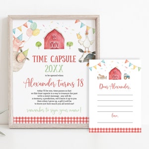 Modèle de capsule temporelle 1er anniversaire de basse-cour rouge imprimable animaux de la ferme bébé garçon ou fille premier anniversaire capsule temporelle signe et cartes Corjl 005