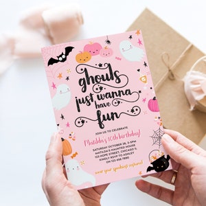 Ghouls Just Wanna Have Fun Invitation Printable Pink Halloween Costume Birthday Party Invite Spooky Birthday Invitation Corjl Template 021