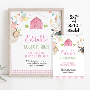 Editable Farm Animals Custom Sign Girl Pink Barnyard 1st Birthday Party Signs Oink Baa Moo Table Sign 8x10 Printable Download Corjl 005
