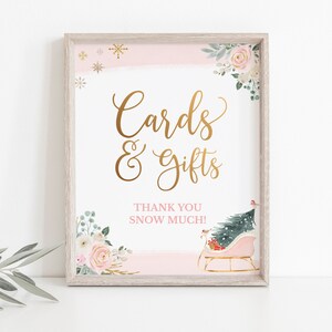 Cards and Gifts Winter Birthday Printable Table Top Sign, Pink Girl Christmas Onederful Onederland Party Decor Tabletop Sign 8x10, PDF 012