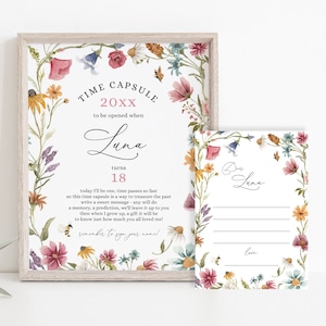 Plantilla de cápsula del tiempo para el primer cumpleaños de una niña con flores silvestres, juego de cartas y letrero de cápsula del tiempo para el primer cumpleaños de una niña con motivos florales de estilo cottagecore, Corjl 018