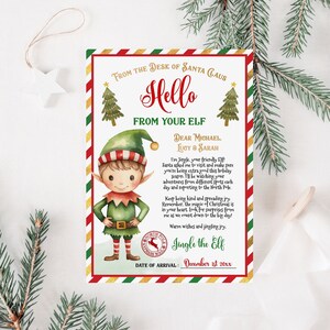 Carta de chegada de elfo editável Carta de elfo para impressão Carta de olá de elfo Carta de boas-vindas de menino elfo Cartas de elfo de Natal Modelo Corjl 026