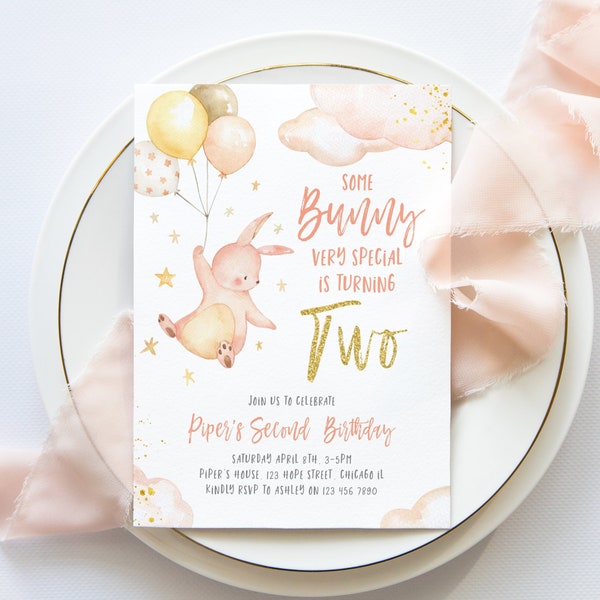 Bunny Second Birthday Invitation Template, Printable Some Bunny Is Turning Two Pink Gold Spring Easter 2nd Birthday Party Invite, Corjl #015