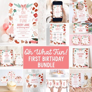 Christmas 1st Birthday Party Invitation Bundle Pink Girl December Winter Birthday Oh What Fun Party Decor Pack Instant Download Template 030