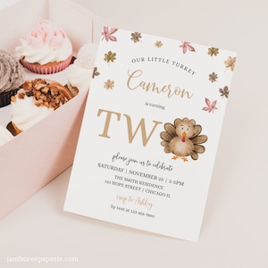 Thanksgiving 2nd Birthday Invitation Our Little Turkey Second Birthday Party Invite Fall Autumn Kids Birthday Invitation Corjl Template 025