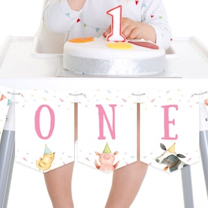 Farm Highchair Banner Printable Farmyard Animals 1st Birthday Party High Chair Bunting Girl or Boy Barnyard First Birthday One PDF 005